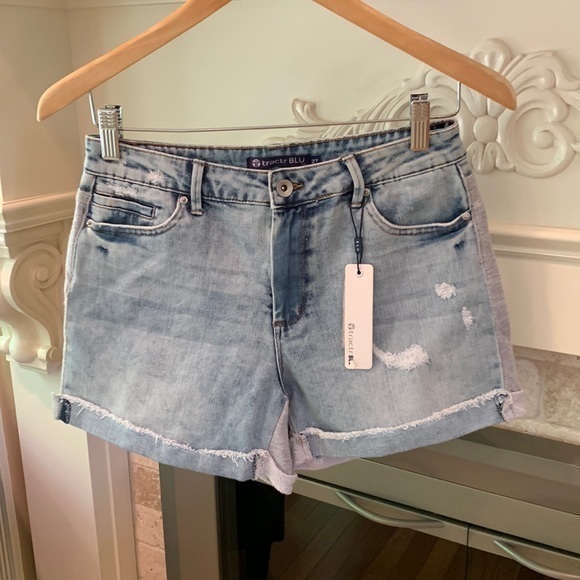 Tractr Blu Brand New Indigo Dyed Denim Shorts with Jersey Back size 27 - Picture 1 of 7